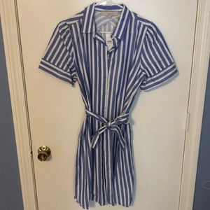 Loft blue striped tie waist shirt dress